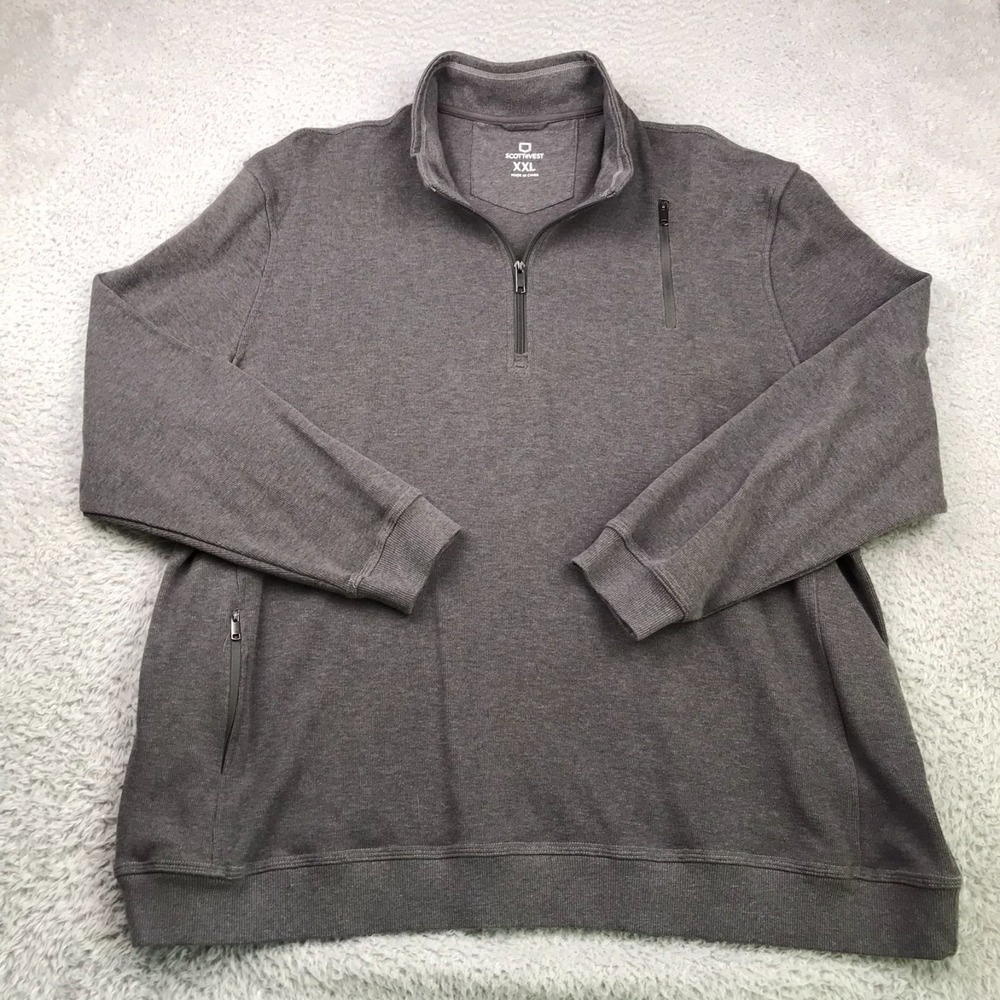 SCOTTeVEST 1/4 Zip Pullover Sweater Mens 2XL Gray 100% Cotton Tech Knit Pockets